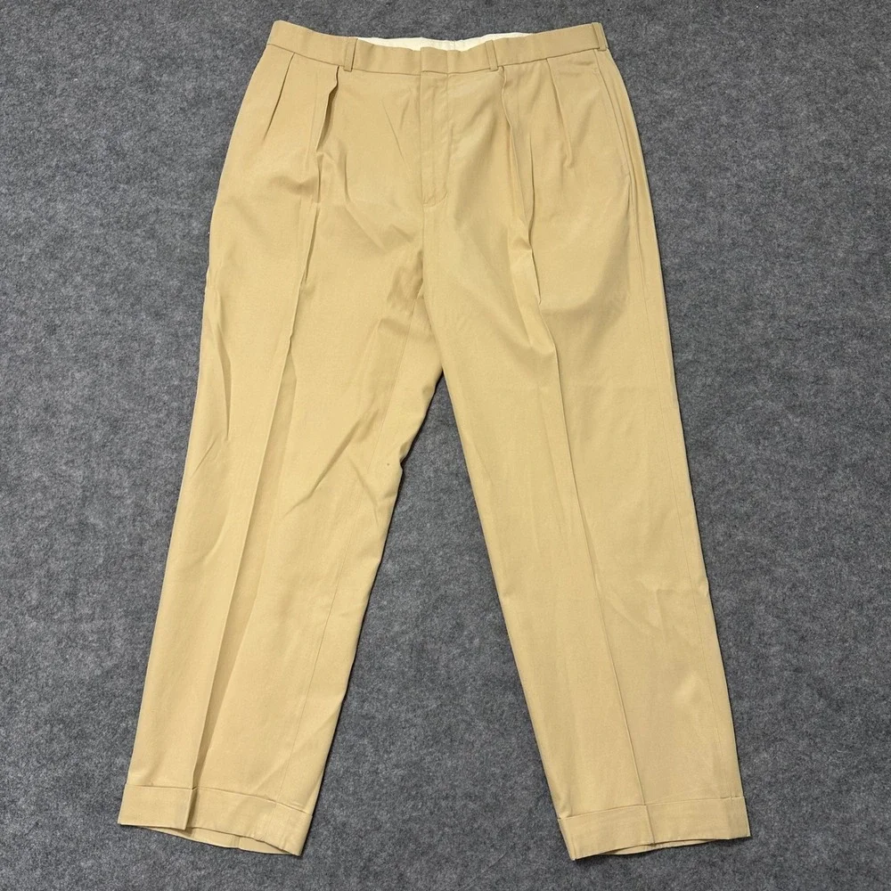 Vintage Polo Ralph Lauren Dress Pants Mens 38x30 Tan Silk Pleated Cuff Trousers